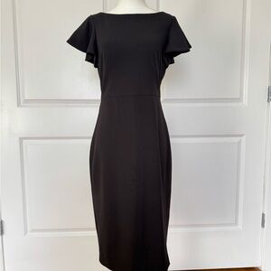 Calvin Klein Black Midi Sheath Dress with Flutter Sleeves